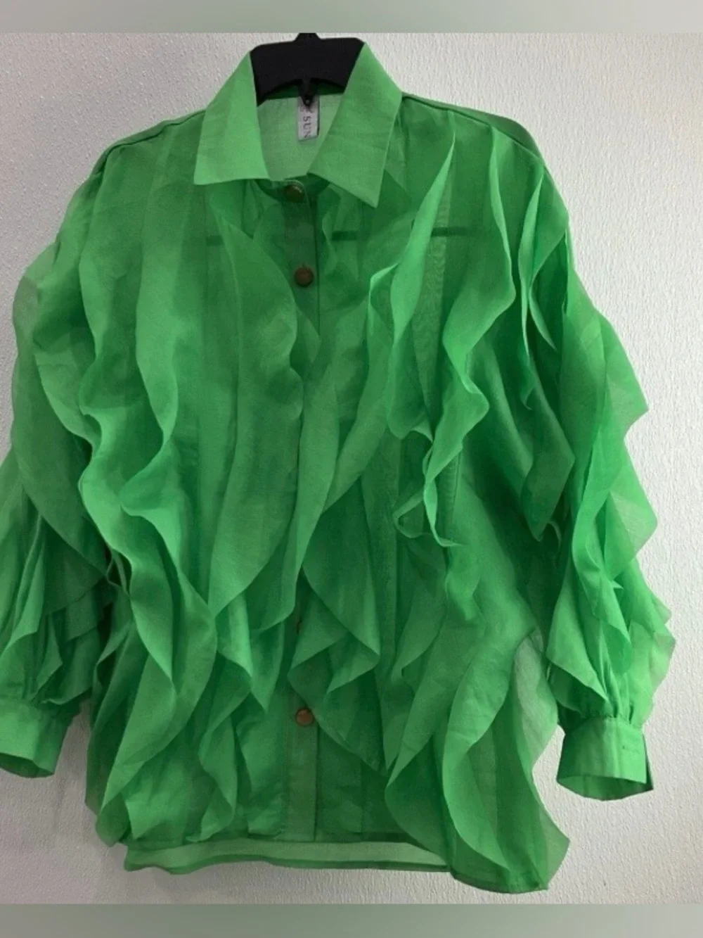 Sun Avant Guard Haute Couture Green Ruffle Sheer Button-Up Blouse XL - Picture 3 of 4